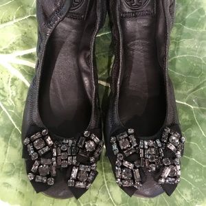 Tory Burch Black Jeweled Toe Sz 7.5 Ballerina Shoe